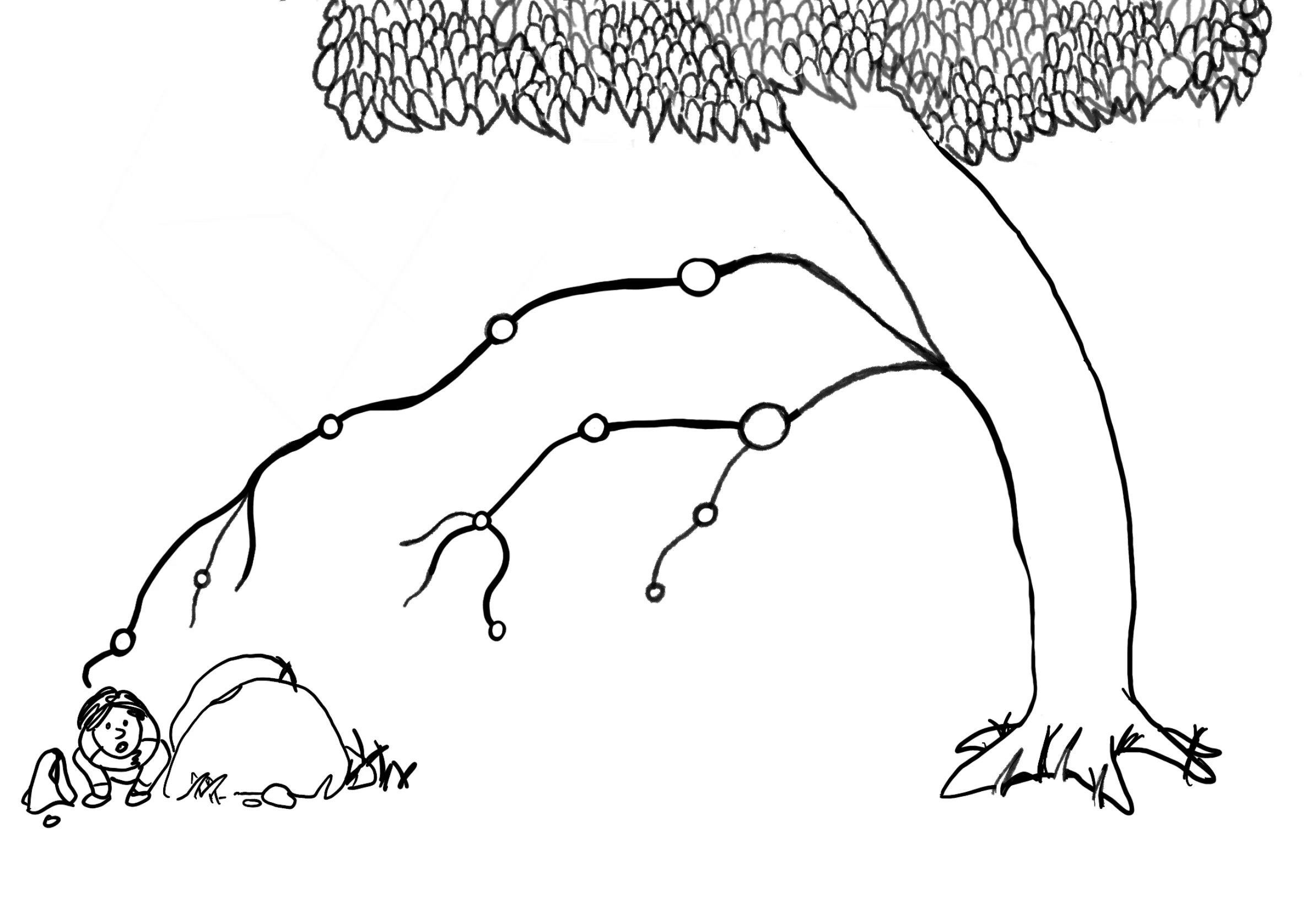 Illustration of a Git-branch tree attacking an innocent child, in the style of Shel Silverstein's The Giving Tree